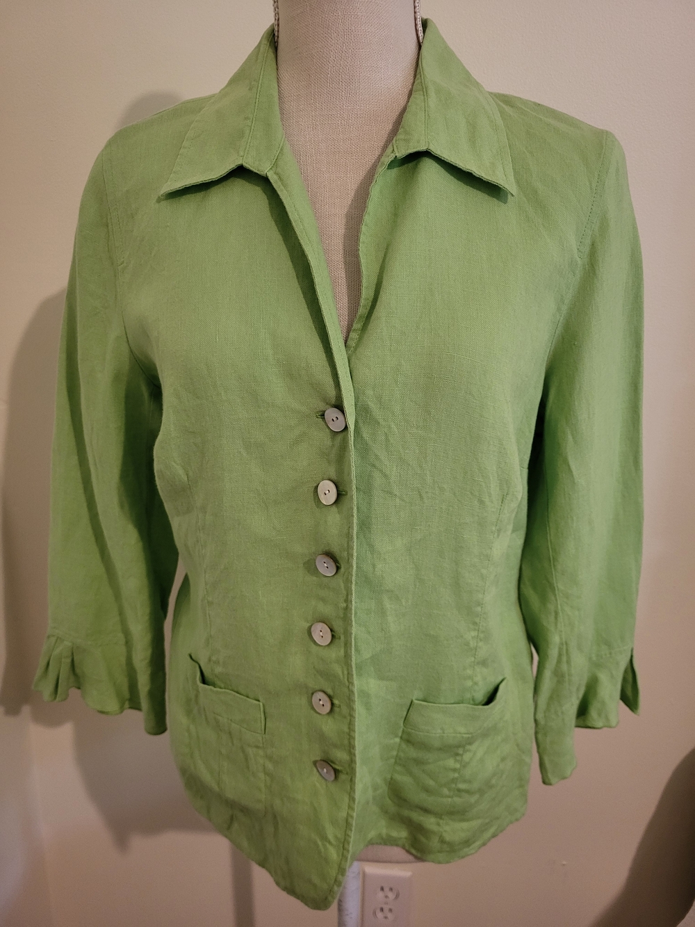 Talbots Light Green Linen Blouse Button Front Pockets